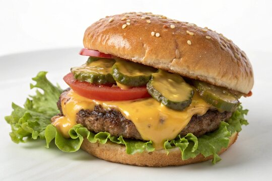 A classic cheeseburger with fresh lettuce, tomato, and pickles isolated on white background