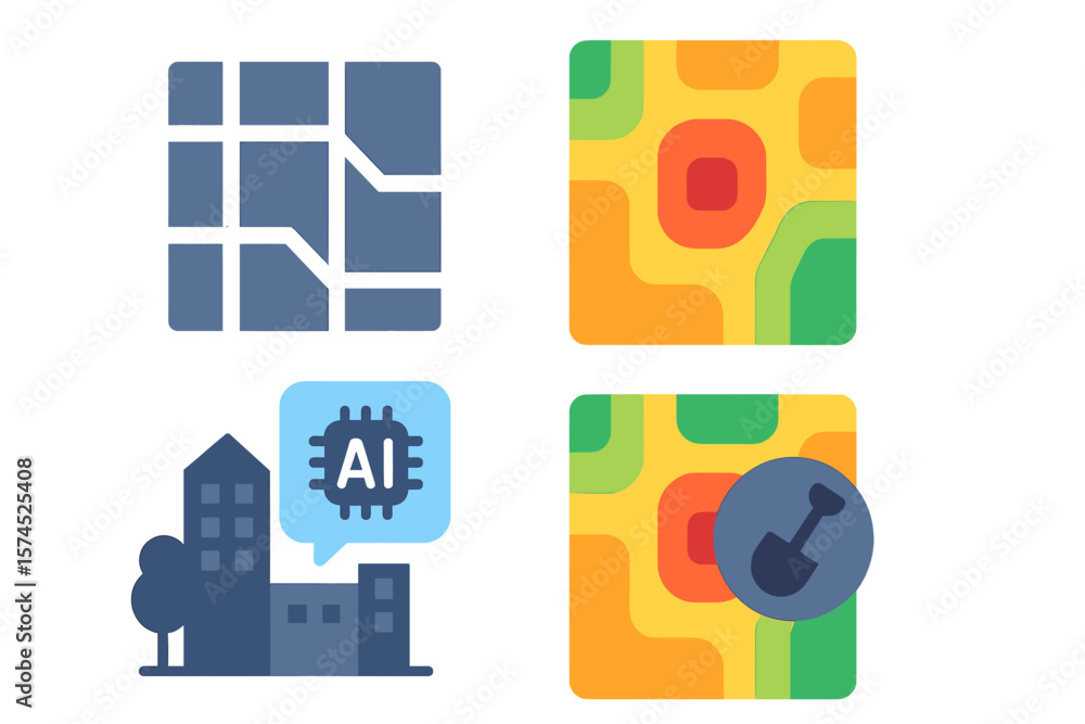 Poster colorful abstract shapes represent data visualization and ai integration in urban planning and techn