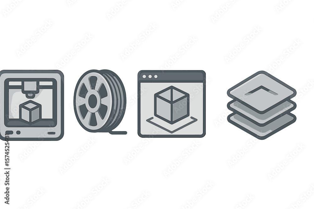 Poster modern technology icons illustrating 3d printing, modeling, and design processes in a simplistic and