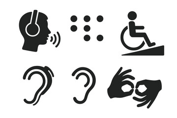 Symbols representing accessibility and communication methods for individuals with hearing and mobility challenges