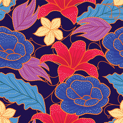 Intricate red lilies and white roses blossom seamless batik pattern on a warm terracotta background, accented with gold detailing. The design evokes a rich, rustic, and elegant mood.	
