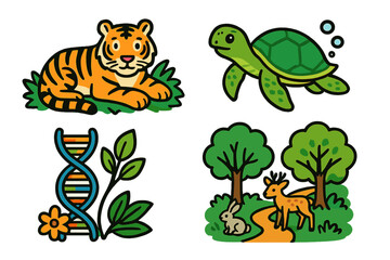Naklejka premium Colorful representations of wildlife, nature, and genetics displayed through playful illustrations in a creative composition