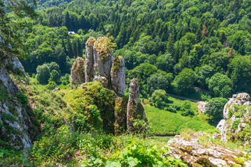 Majestic limestone rock formations amidst lush green forest landscape. Ojcow National Park.