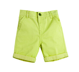 Green yellow male shorts isolated on white,kid's fashion clothes, boy's summer style apparel.Nobody.