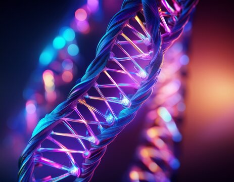 blue and purple glowing dna helix with vibrant lights symbolizing complex genetic code