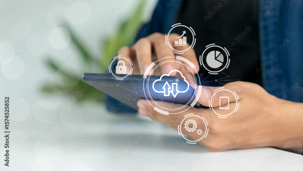 Poster hand using tablet with cloud computing icon, digital data storage, business analytics, and online se