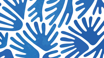 Abstract pattern of blue hand shapes scattered across a white background creating a modern design