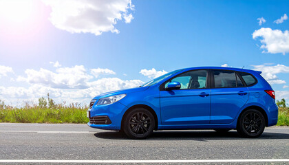 Stylish Blue Car Parked on Open Road with Bright Sunny Sky Background for Modern Automotive Poster Travel Ad or Inspirational Road Trip Scene