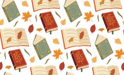 Seamless pattern with books and leaves. Bright background with literature and autumn vibe
