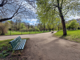 Empty bench and a dirt path, green trees, city park in springtime