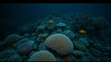 Naklejka premium A vibrant reef with corals and fish, depicted in a dramatic cinematic style, strong moody lighting, low contrast, film-like composition
