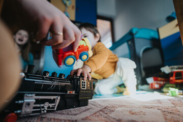 Young child interacting with various colorful toys in a brightly lit playroom environment,...