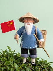 Wise Wool Felt Chinese Farmer with a Chinese flag: A serene felt art representation on a gentle jade background, reflecting Chinese tradition and agricultural pride.