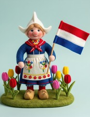 Rosy-Cheeked Wool Felt Dutch Farmer with Flag and Tulips