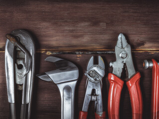 Work tool on wooden background. Hand tool new set for repair and construction, closeup
