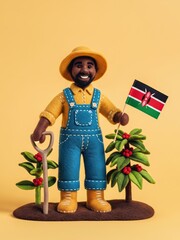 Smiling Wool Felt Kenyan Gardener with Flag & Coffee Plants - Fair Trade & Agriculture.