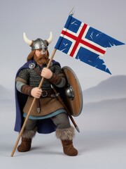 Brave Wool Felt Viking Warrior with flag of iceland: A heroic felt art figure on a misty gray background, embodying Icelandic heritage and resilience.