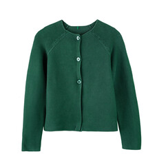 School knitted jaket,green cardigan, girl's uniform. Knitwear clothes isolated. Nobody.