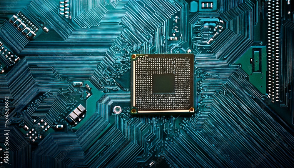 Poster teal circuit board close up with central processor highlighting detailed technology design
