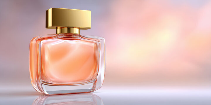 Stylish cosmetic perfume bottle with golden cap on reflective surface and soft pink background creating elegant mood