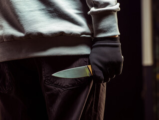 Criminal hiding a knife behind his back, man holding a weapon in gloved hand closeup