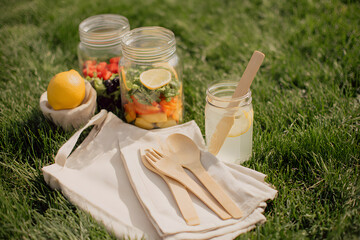 Colorful Picnic Setup with Salads and Lemonade