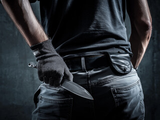 Criminal hiding a knife behind his back, man holding a weapon in gloved hand closeup