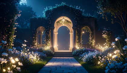 Stunning archway in a blue moonlit night garden