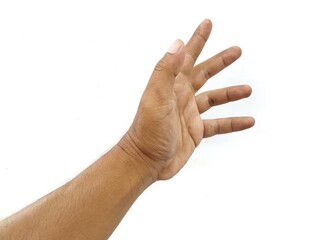 Man hand gesture open hand isolated on white background	