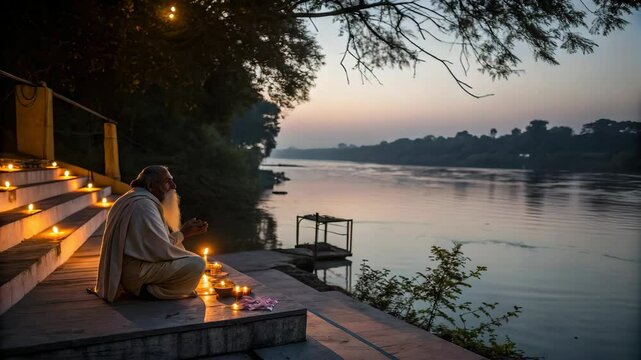 Traditional diya offerings on riverbank during Pitru Paksha ritual at sunrise
