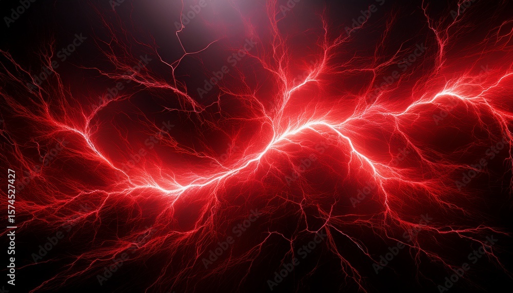 Poster dynamic abstract composition of red lightning bolts forming intricate patterns against stark black b