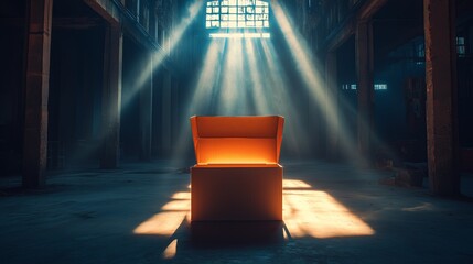 A cardboard box is sitting on the floor in a dark room. The box is open and the light shining on it creates a mysterious and intriguing atmosphere