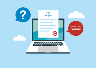 Online legal advice. Laptop, justice and law application. Flat vector illustration