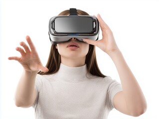 Woman wearing vr glasses isolated on white, transparent
