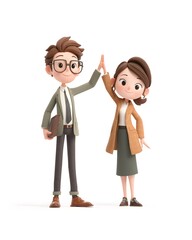 3D cartoon business team high-fiving after success, isolated white background