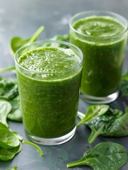 Close up of vibrant green spinach kale fruit smoothie in clear glass on wooden table morning health detox beverage