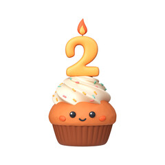 Cute 3D birthday cupcake with candle and number 2