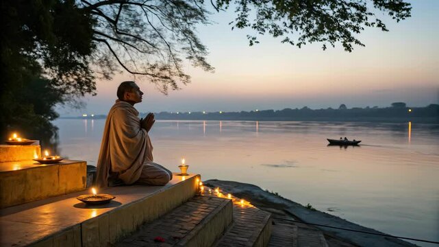 Man performing Shraddha rituals by the river at sunrise during Pitru Paksha
