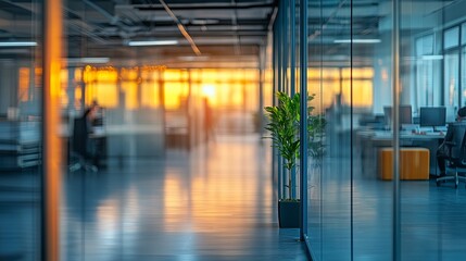 Blurred background of people walking in a modern office building with green trees and sunlight , eco friendly and ecological responsible business concept image