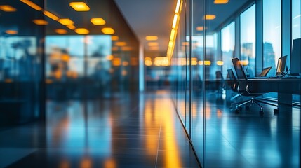 Blurred background of people walking in a modern office building with green trees and sunlight , eco friendly and ecological responsible business concept image