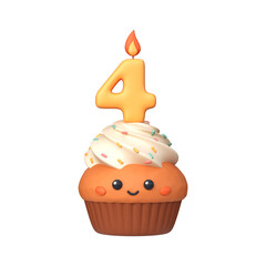 Cute 3D birthday cupcake with candle and number 4