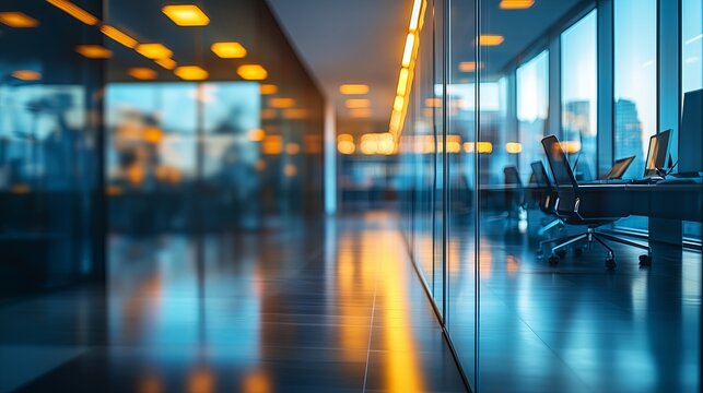 Blurred background of people walking in a modern office building with green trees and sunlight , eco friendly and ecological responsible business concept image