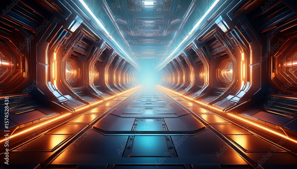Poster futuristic metal tunnel illuminated with glowing lights highlighting intricate geometric patterns an