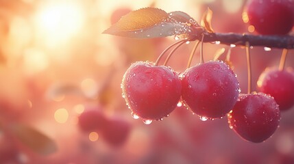 A bunch of red cherries hanging from a tree. The cherries are wet and shiny.