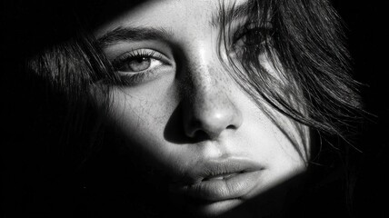 Close-Up Portrait of a Young Woman with Dramatic Lighting and Shadows