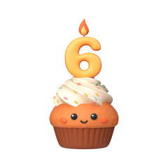 Cute 3D birthday cupcake with candle and number 6