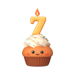 Cute 3D birthday cupcake with candle and number 7