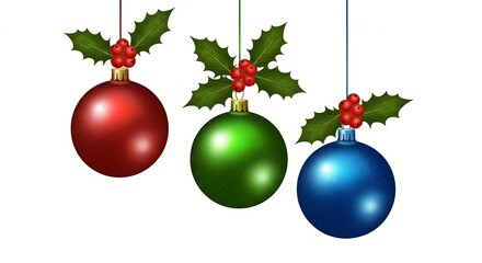 Hanging Red, Green, and Blue Christmas Ball Ornaments with Holly