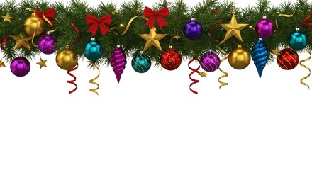 Colorful Christmas and New Year's tree decorations, including festive red, gold, and green baubles, hang on a winter fir branch