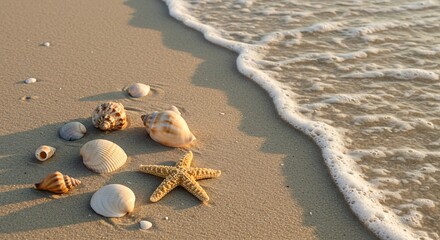 Collection of seashells and starfish washed ashore on a sandy beach with gentle ocean waves
